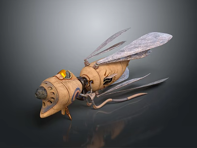 Intricate Mechanical Insect Sculpture Featuring Textured Body Transparent Wings And Yellow Ocular Component 3d model