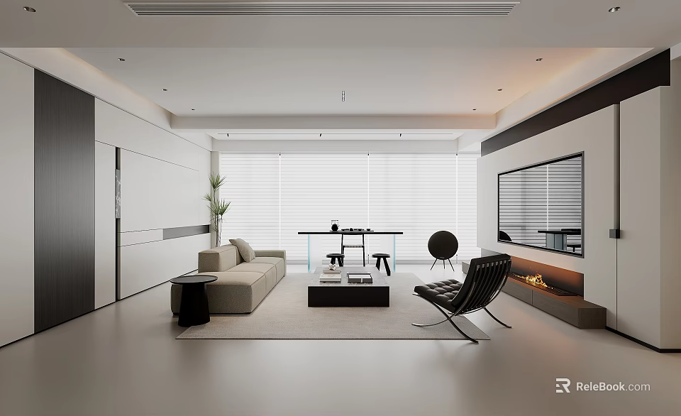 Modern Living Dining Room With Beige Sofa Black Armchair Glass Coffee Table TV Wall Fireplace 3d model 