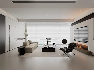 Modern Living Dining Room With Beige Sofa Black Armchair Glass Coffee Table TV Wall Fireplace 3d model