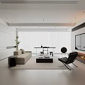 Modern Living Dining Room With Beige Sofa Black Armchair Glass Coffee Table TV Wall Fireplace