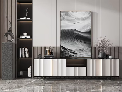 Modern TV Stand Design With Black And White Abstract Painting And Decorative Items 3d model