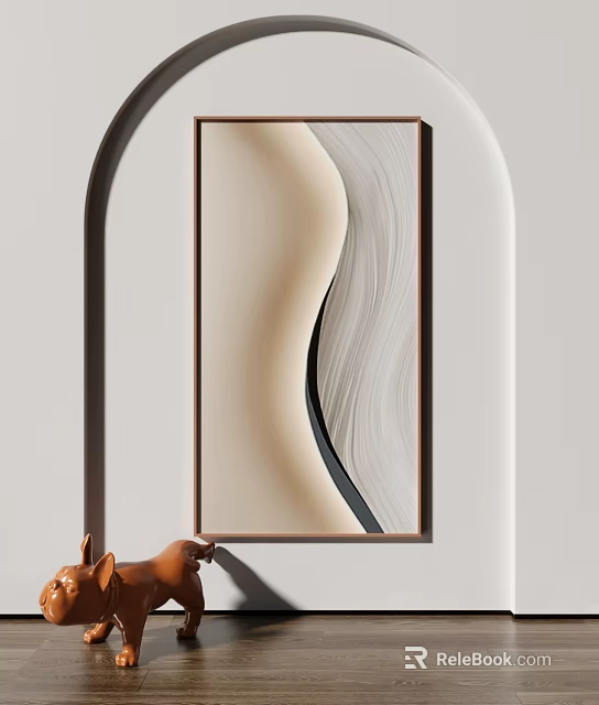 Modern Interior Decor With Beige Gray Wave Design Artwork And Brown Deer Figurine 3d model