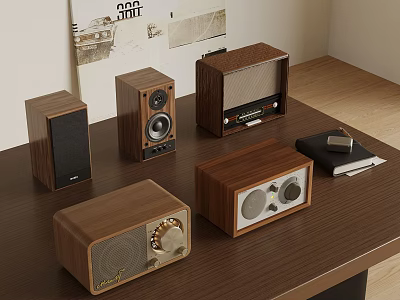Vintage Style Wooden Audio Devices Including Speakers And Radios On Table 3d model