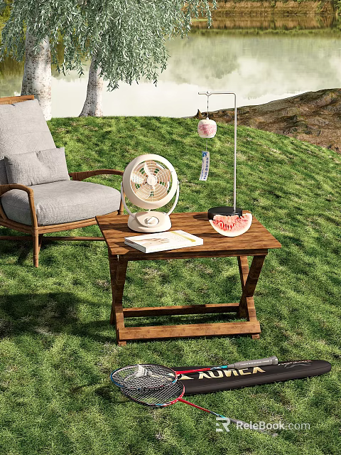 Tranquil Green Grassland With Hills Trees Outdoor Wooden Table And Gray Chair 3d model 