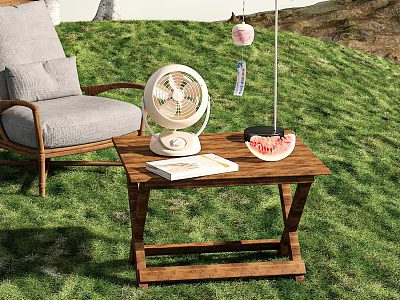 Tranquil Green Grassland With Hills Trees Outdoor Wooden Table And Gray Chair 3d model
