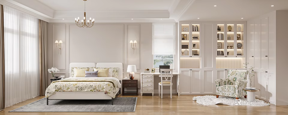 Elegant Modern Bedroom Interior With Bed Desk Bookshelf Chandelier Lamp And Rug 3d model 
