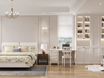 Elegant Modern Bedroom Interior With Bed Desk Bookshelf Chandelier Lamp And Rug 3d model