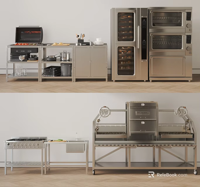 Modern Stainless Steel Kitchen Interior With Cabinets Appliances Ovens Countertops And Shelves 3d model 