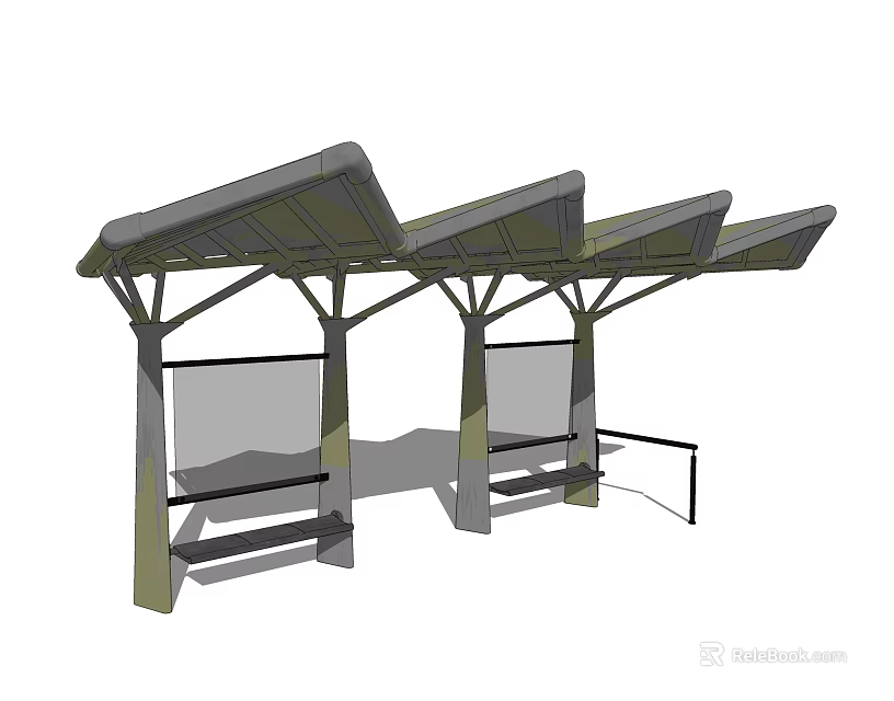 Modern Bus Stop Shelter With Metal Roof Benches And Glass Billboards 3d model 