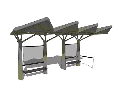 Modern Bus Stop Shelter With Metal Roof Benches And Glass Billboards 3d model