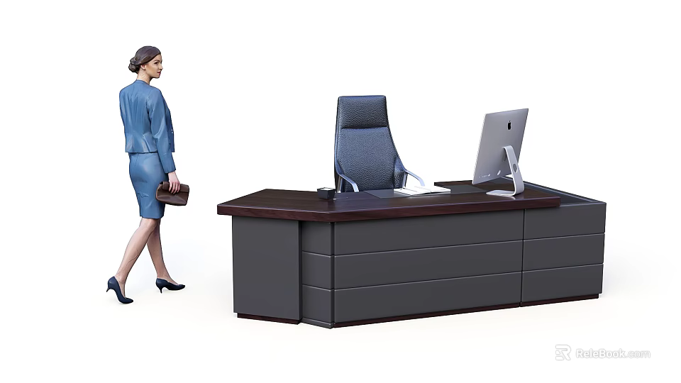 Modern Office Desk With Ergonomic Chair Computer And Businesswoman Walking By 3d model 