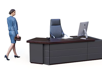 Modern Office Desk With Ergonomic Chair Computer And Businesswoman Walking By 3d model