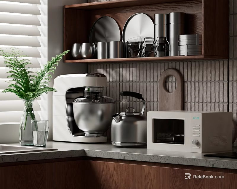 Kitchen Appliances Mixer Kettle Microwave On Marble Countertop With Wooden Shelf Plant And Brick Wall 3d model 