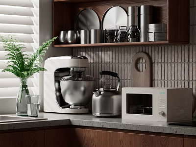 Kitchen Appliances Mixer Kettle Microwave On Marble Countertop With Wooden Shelf Plant And Brick Wall 3d model