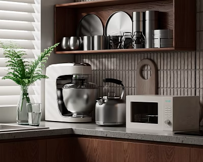 Kitchen Appliances Mixer Kettle Microwave On Marble Countertop With Wooden Shelf Plant And Brick Wall 3d model
