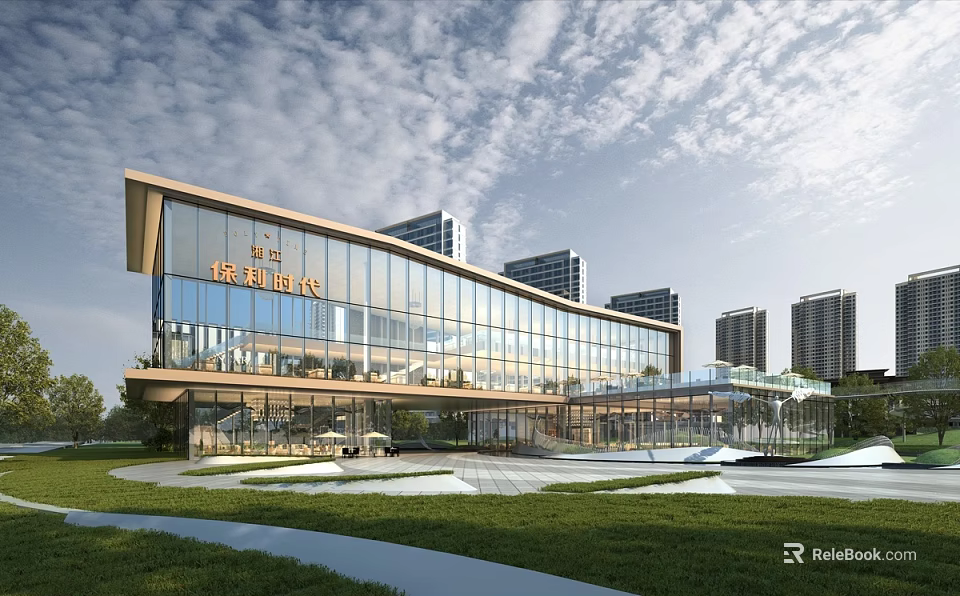 Modern Sales Office Building With Glass Curtain Wall Metal Structure And Green Lawn Plaza 3d model 