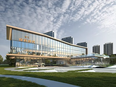 Modern Sales Office Building With Glass Curtain Wall Metal Structure And Green Lawn Plaza 3d model
