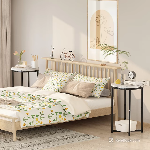 Cozy Bedroom Interior With Wooden Bed Frame Floral Lemon Bedding And Wall Art 3d model 