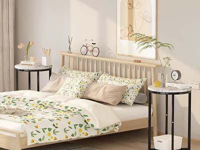 Cozy Bedroom Interior With Wooden Bed Frame Floral Lemon Bedding And Wall Art 3d model