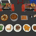 Assorted Grilled Skewers With Barbecue Grill Fresh Vegetables And Fried Snacks On Red Table