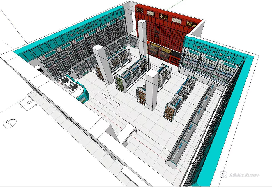Modern Library Interior Featuring Arranged Bookshelves Red Walls Teal Borders Columns Open Floor Layout 3d model 