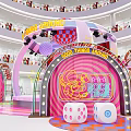 Pink Themed Stage In Shopping Mall With Cartoon Elements Balloons And Large Screen