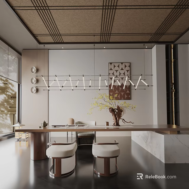 Modern Luxury Dining Table Set With Pendant Lights Stools Wall Decor And Plants 3d model