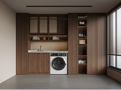 Modern Laundry Room With Wooden Cabinets Washing Machine Sink Shelves And Window Blinds 3d model