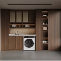 Modern Laundry Room With Wooden Cabinets Washing Machine Sink Shelves And Window Blinds