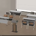 Modern Meeting Room Setup With Movable Tables Chairs Wooden Podium And Blinds