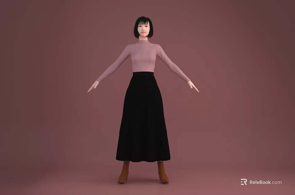 Woman in Pink Turtleneck Top Black Pleated Long Skirt Brown Boots on Pink Background 3d model 