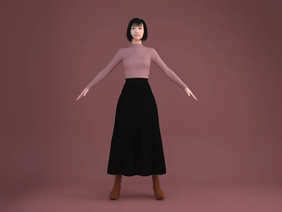 Woman in Pink Turtleneck Top Black Pleated Long Skirt Brown Boots on Pink Background 3d model
