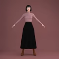 Woman in Pink Turtleneck Top Black Pleated Long Skirt Brown Boots on Pink Background