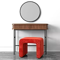 Wooden Dressing Table With Round Mirror And Red Upholstered Stool 3d model