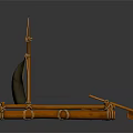 Orange Wooden Boat Model with Sail Oar and Ropes on Gray Background