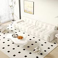 Modern Beige Sofa And White Coffee Table Set On Black White Checkered Rug 3d model