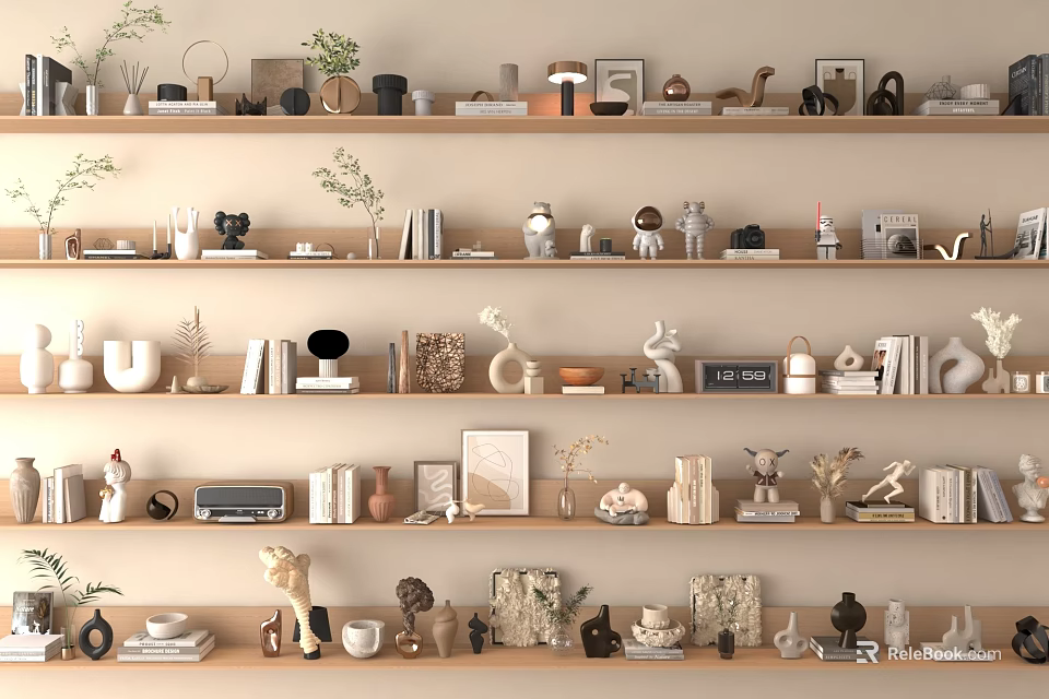 Cozy Minimalist Home Decor Shelves With Ornaments Sculptures Plants Frames Cups Books And Candle Holders 3d model 