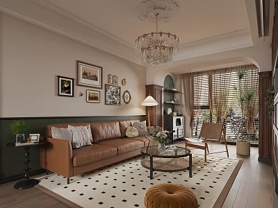 Classic Living Room Interior With Brown Leather Sofa Checkered Rug Crystal Chandelier And Framed Artworks 3d model