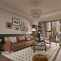 Classic Living Room Interior With Brown Leather Sofa Checkered Rug Crystal Chandelier And Framed Artworks