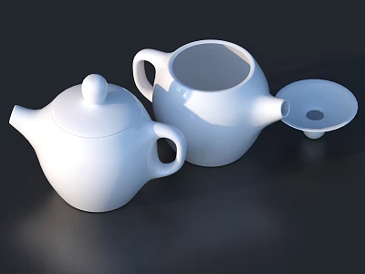 White Ceramic Tea Set With Two Teapots And Open Lid On Black Background 3d model