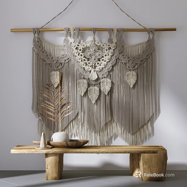 Handmade Macramé Wall Hanging With Tassels Leaf Decorations And Wooden Table Decorative Items 3d model 