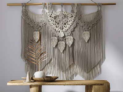 Handmade Macramé Wall Hanging With Tassels Leaf Decorations And Wooden Table Decorative Items 3d model