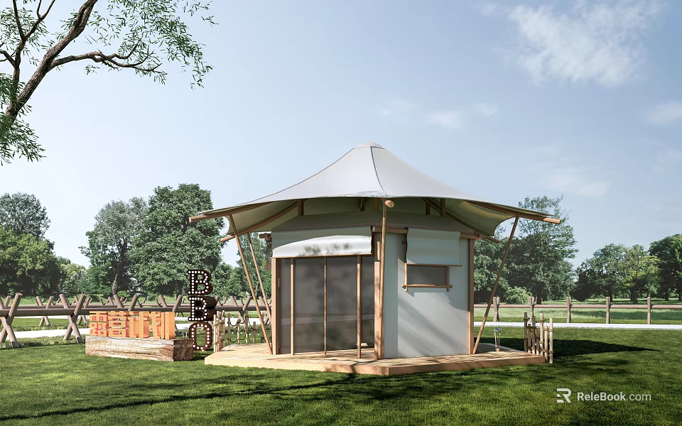 Modern Campsite Tent with Wooden Structure Transparent Doors in Grassy Area Surrounded by Trees 3d model 