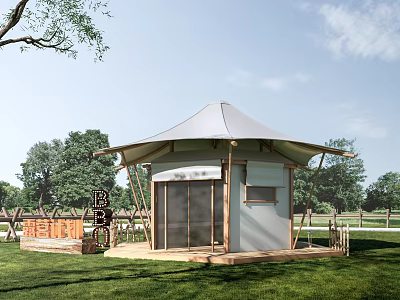 Modern Campsite Tent with Wooden Structure Transparent Doors in Grassy Area Surrounded by Trees 3d model
