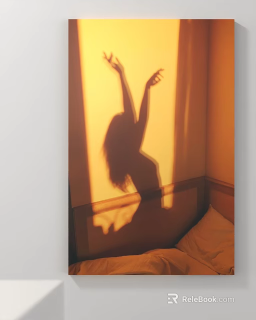 Sunlit Room With Dancing Woman Shadow On Wall And Bed With Pillow 3d model 