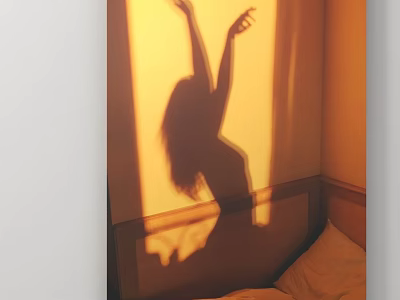Sunlit Room With Dancing Woman Shadow On Wall And Bed With Pillow 3d model