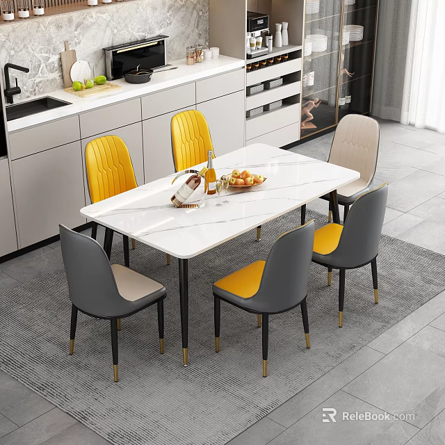 Modern Dining Table And Chairs With Marble Top Yellow Gray Seats And Metal Legs 3d model 
