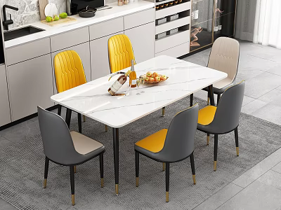 Modern Dining Table And Chairs With Marble Top Yellow Gray Seats And Metal Legs 3d model
