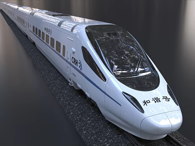 Hexiehao High Speed Train With White Body Streamlined Front Blue Stripes On Railway Track 3d model
