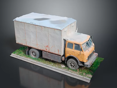 Old Yellow Truck Model With Rusty Body And White Roof On Grass And Pavement Base 3d model